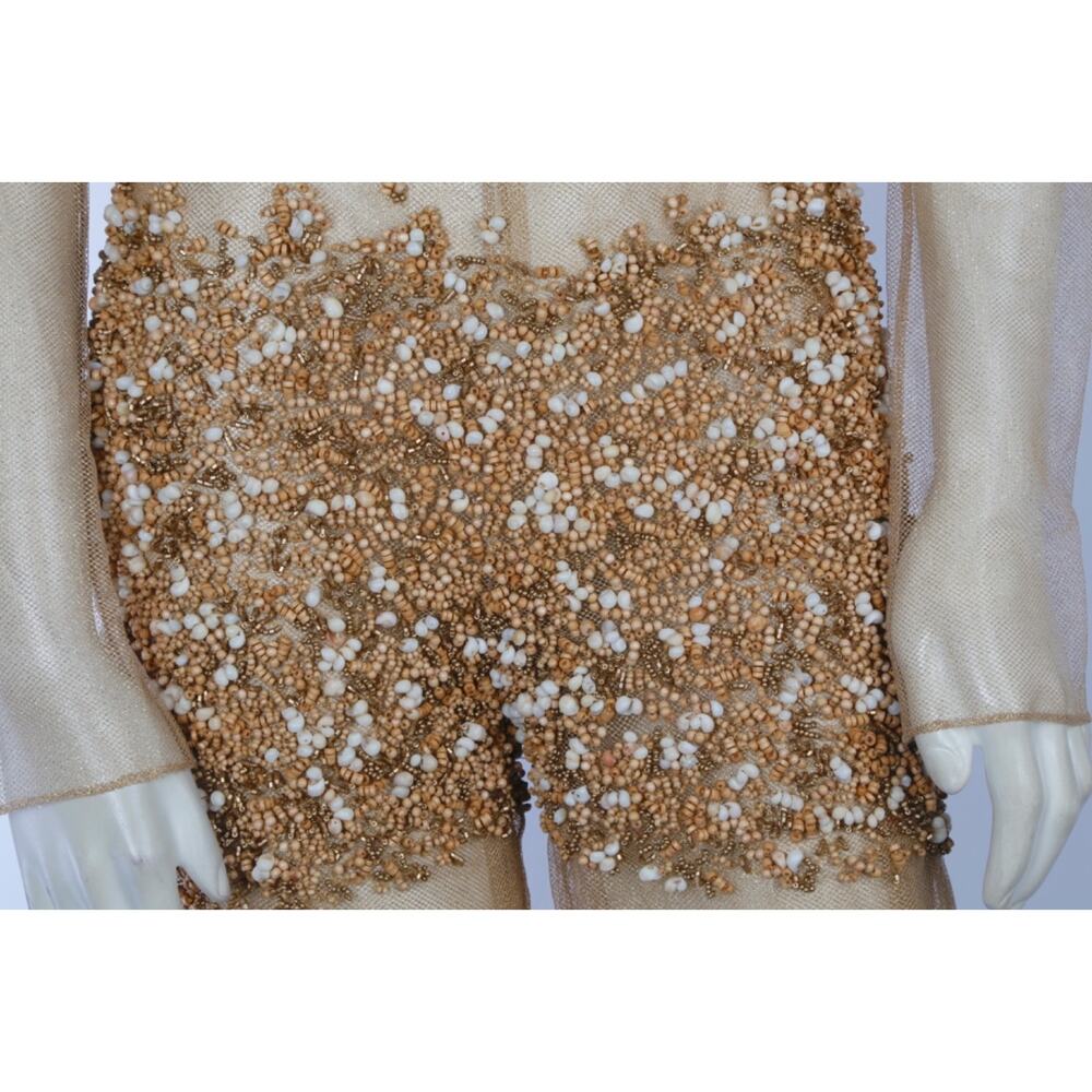 VTG One of a Kind Couture Jumpsuit Sheer Metallic Gold Beaded Wide Leg Designer - Picture 5 of 16